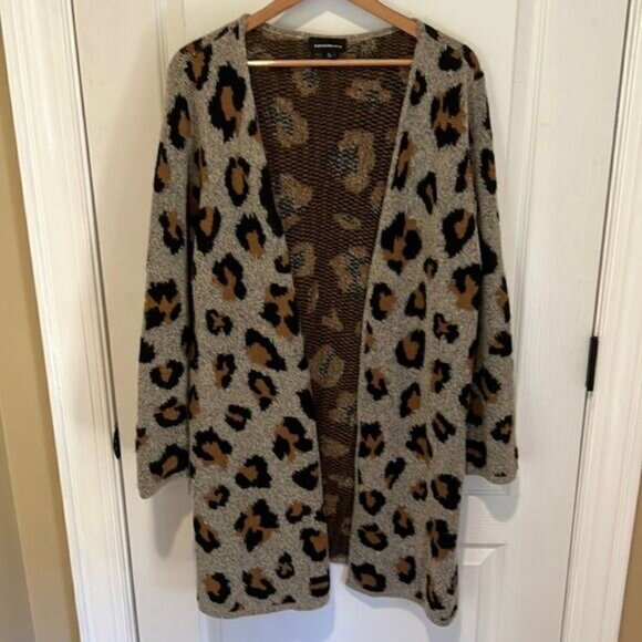 Fortune + Ivy Karrie Long Sleeve long Cardigan sweater gray with leopard - Picture 2 of 6